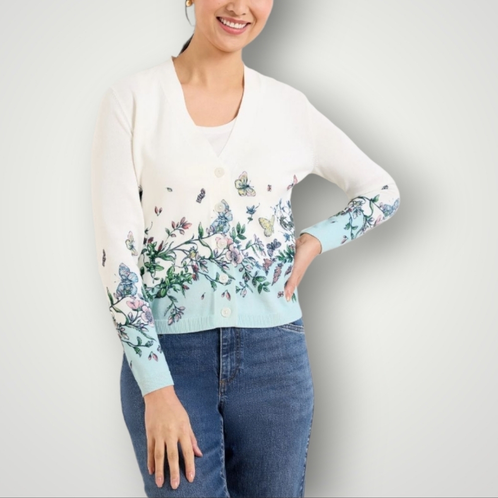 Talbots‎ Womens L Butterfly Garden Print Cotton Rayon Button Front Cardigan New